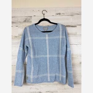 Pure Collection Women’s Blue Plaid 100% Cashmere Soft Crew Neck Sweater